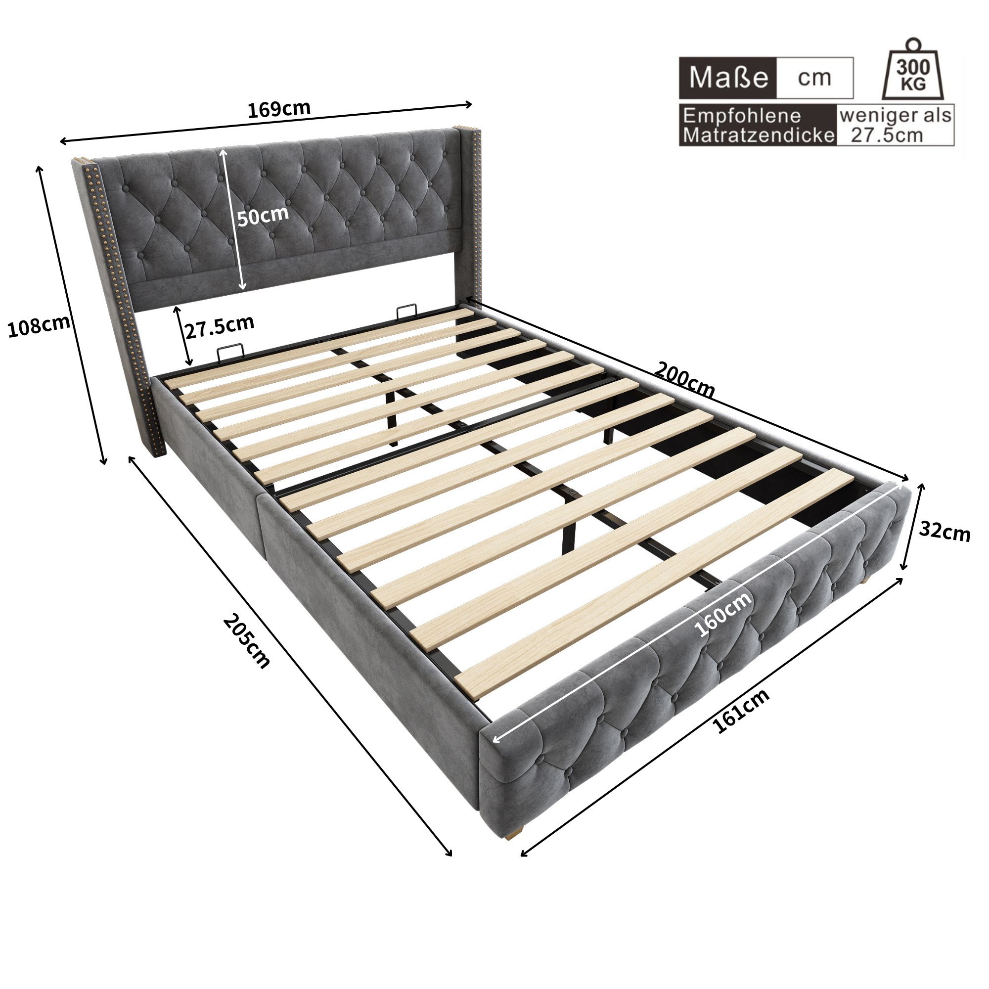 Flieks Polsterbett 160x200cm Jugendbett mit Lattenrost, Doppelbett Klassische Betten Kinderbett Massivholzbett, Samt, Grau