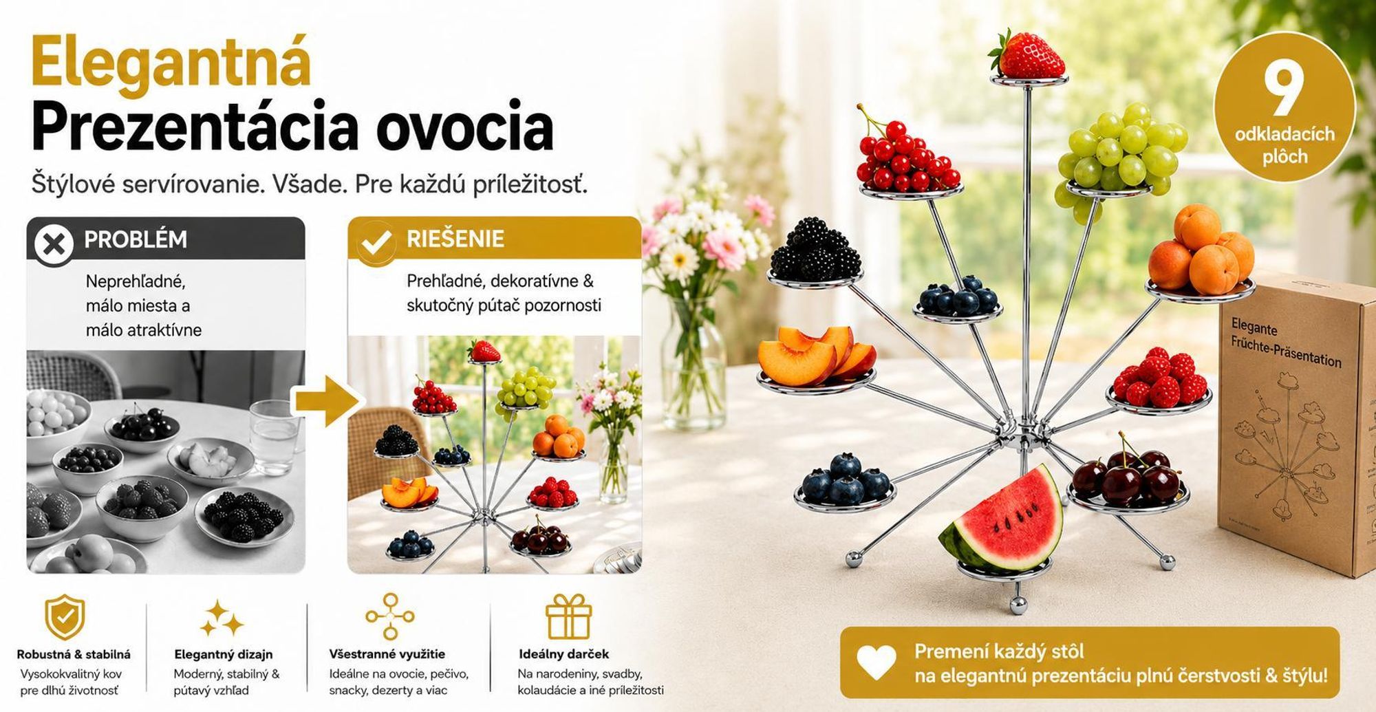 Zavesená kovová miska na ovocie z ručne spájkovaného kovu, moderná etagéra na ovocie – EXPLOFRUIT