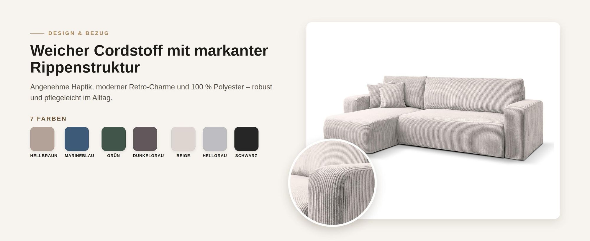 VENASI Ecksofa mit Schlaffunktion Luna L, Schwarz Cordstoff