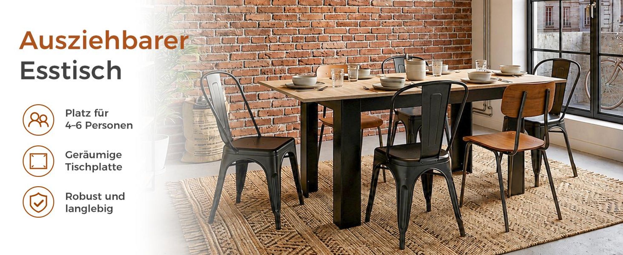 Mondeer Ausziehbarer Esstisch 120-160cm für 4-6 Personen, Stabiler Küchentisch, Vielseitig für Essen, Arbeiten & Freizeit Schwarz & Eiche