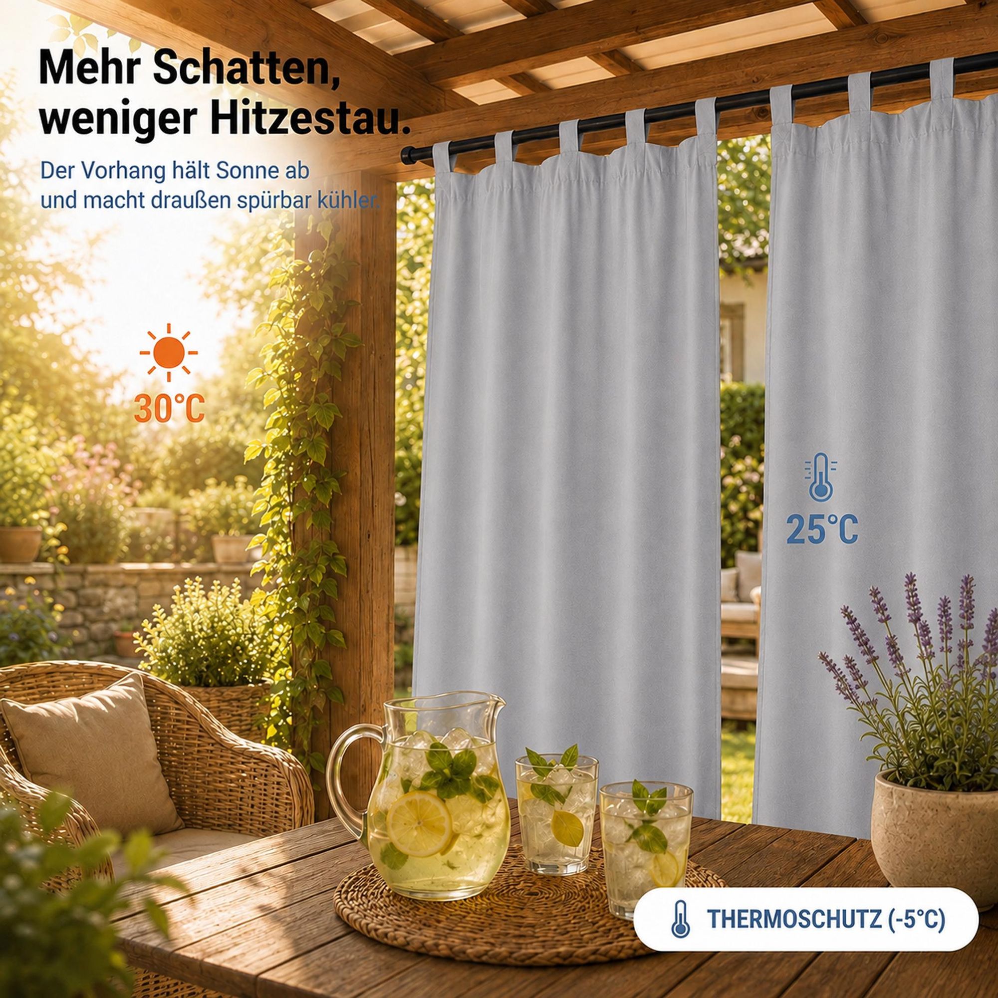 1Stk Outdoor Vorhang Wasserdicht mit Klettverschluss Schlaufen - Hellgrau Thermovorhang Blickdicht Garten Terrasse Pergola Balkon B*H: 132x213cm