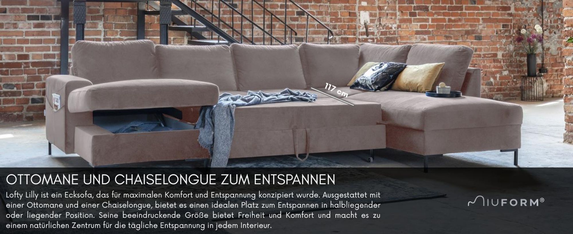 MIUFORM Lofty Lilly - Ecksofa mit Bettfunktion und Bettkasten U-FORM LINKS - 303 x 197 cm - Velours Dunkelbeige - Sofa Schlafsofa Couch