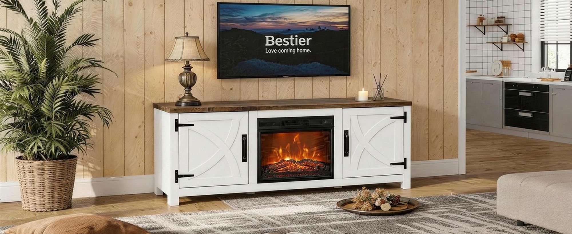 Parrot Uncle TV-Schrank mit Elektrokamin 58" (147cm) | 3-in-1: Media Center + 18" Kamin + XXL Stauraum | Weiß Modern