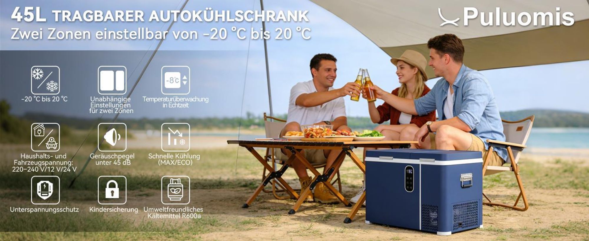 Puluomis 45L Kühlbox mit 2 Zonen & 2 Türen, Kompressor -20°C bis +20°C, 12/24V DC & 220-240V AC, MAX/ECO Modus, leise <45dB, für Camping & Wohnmobil