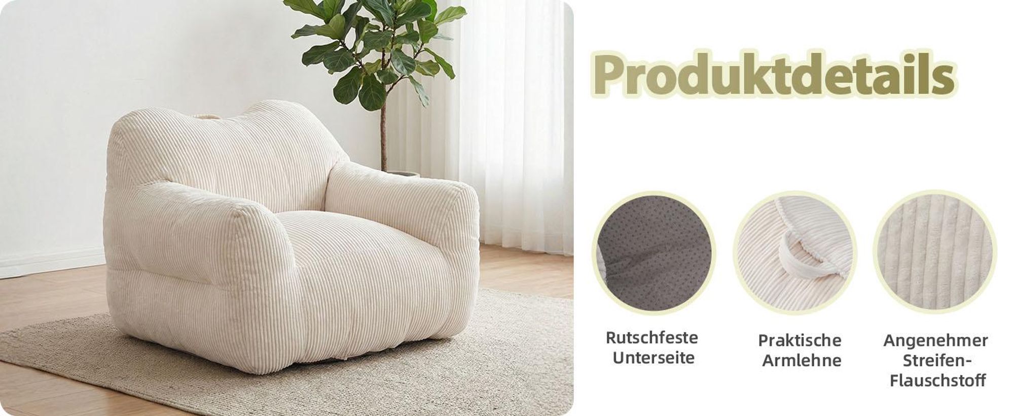 Übergroßer Sitzsack für Erwachsene, Füllung aus Schaumstoffflocken, flauschiges Bodensofa, quadratisch, Beige