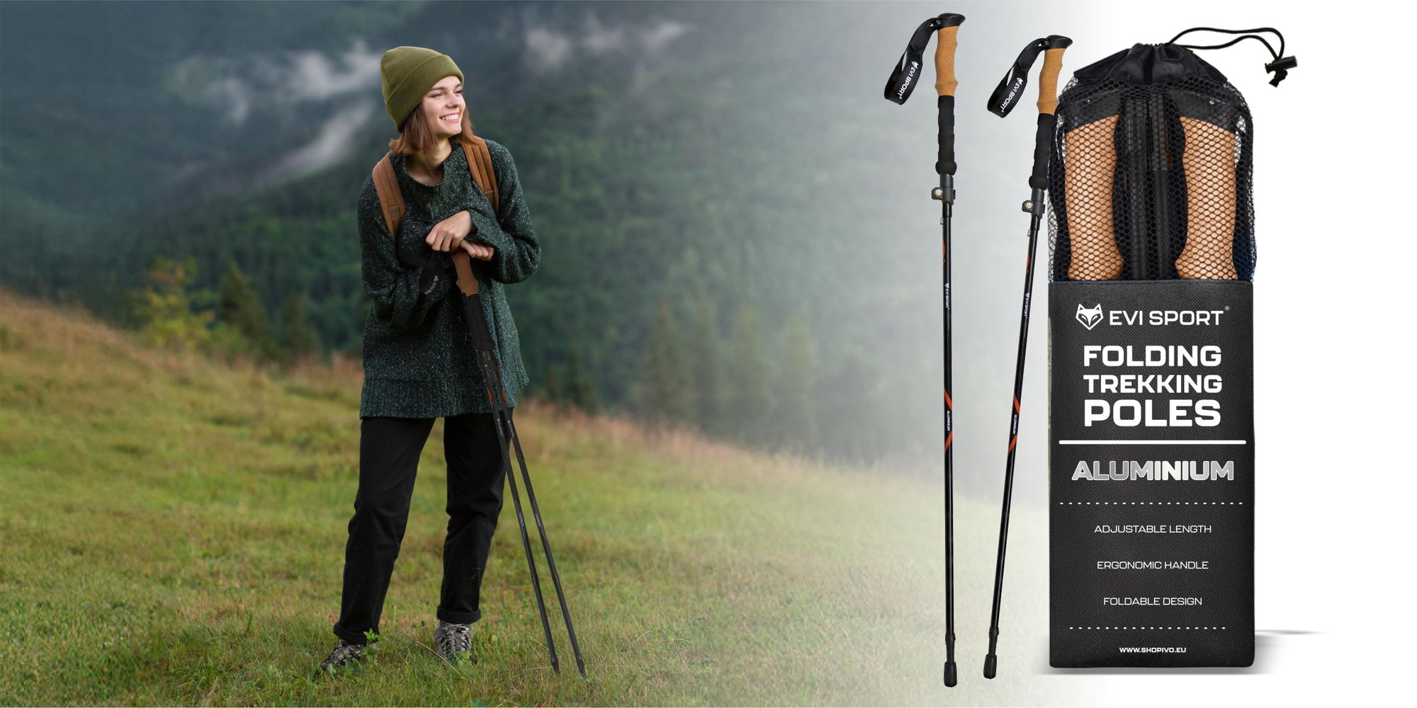 TREKINGOVÉ HOLE Skládací Nastavitelné turistické hole NORDIC WALKING | HLINÍKOVÉ, EVI SPORT, lehké, EVA rukojeti, stabilní, pohodlné, univerzálni