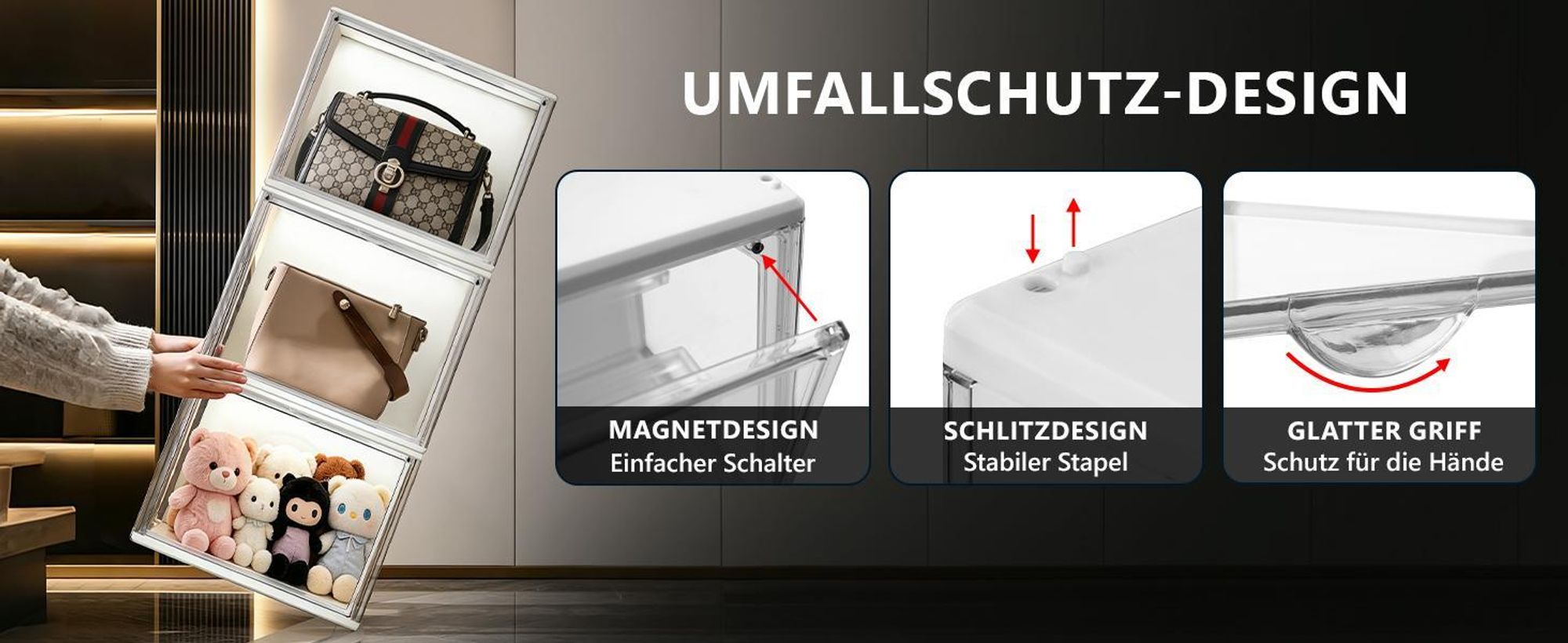 LED Acryl Vitrine 36×22×18cm, 3 Ebenen Transparente Schaukasten mit Magnettür Display Box zur Aufbewahrung & Präsentation für Sammelfiguren