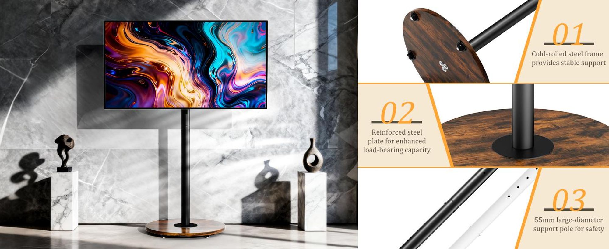 WISFOR TV Standfuss Höhenverstellbar, TV Ständer Rollbar, TV Bodenständer für 40-75 Zoll Fernsehstand, VESA 600x400mm, bis Max 50kg, schwarz