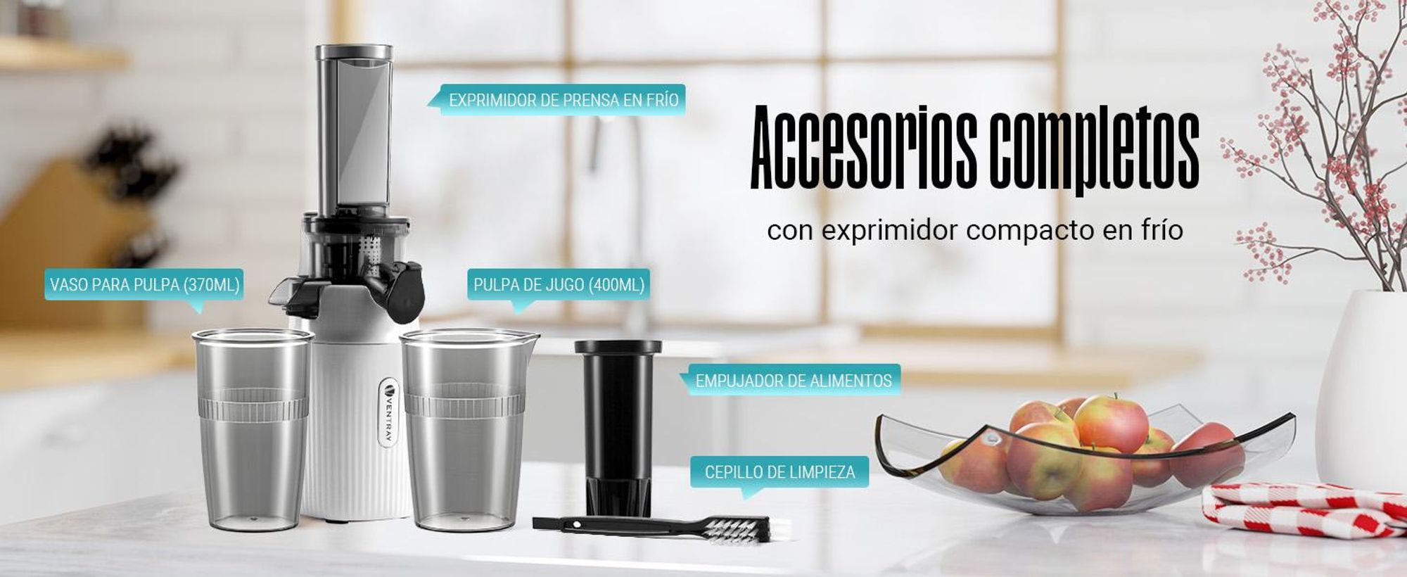 Ventray Essential Ginnie: Exprimidor en frío, extractor de zumo lento, compacto y silencioso (60 RPM, abertura de 45 mm), libre de BPA, capacidad de 400 ml, fácil de limpiar