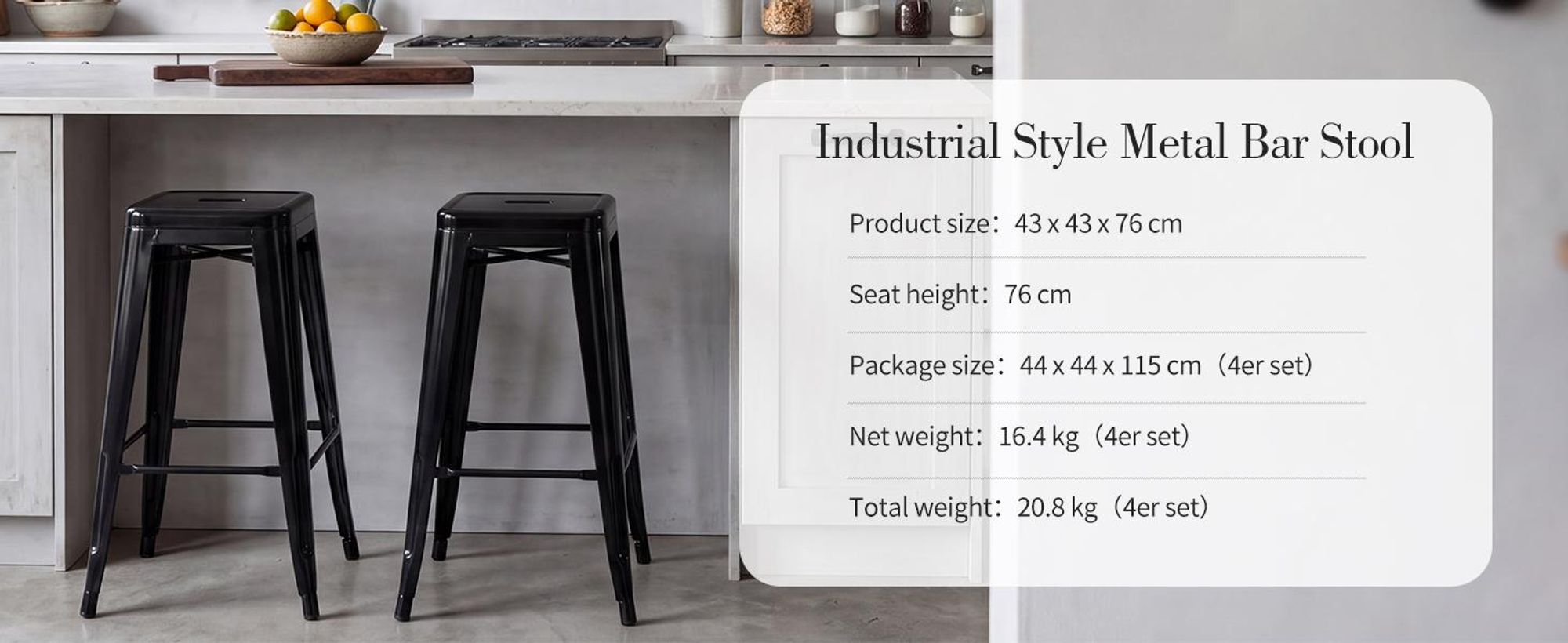 Duhome Sgabelli da bar in ferro Set di 4 sedie da bar, altezza seduta 76 cm Sgabelli da bancone, impilabili Sgabelli da bistrot in metallo con poggiapiedi in design industriale, nero