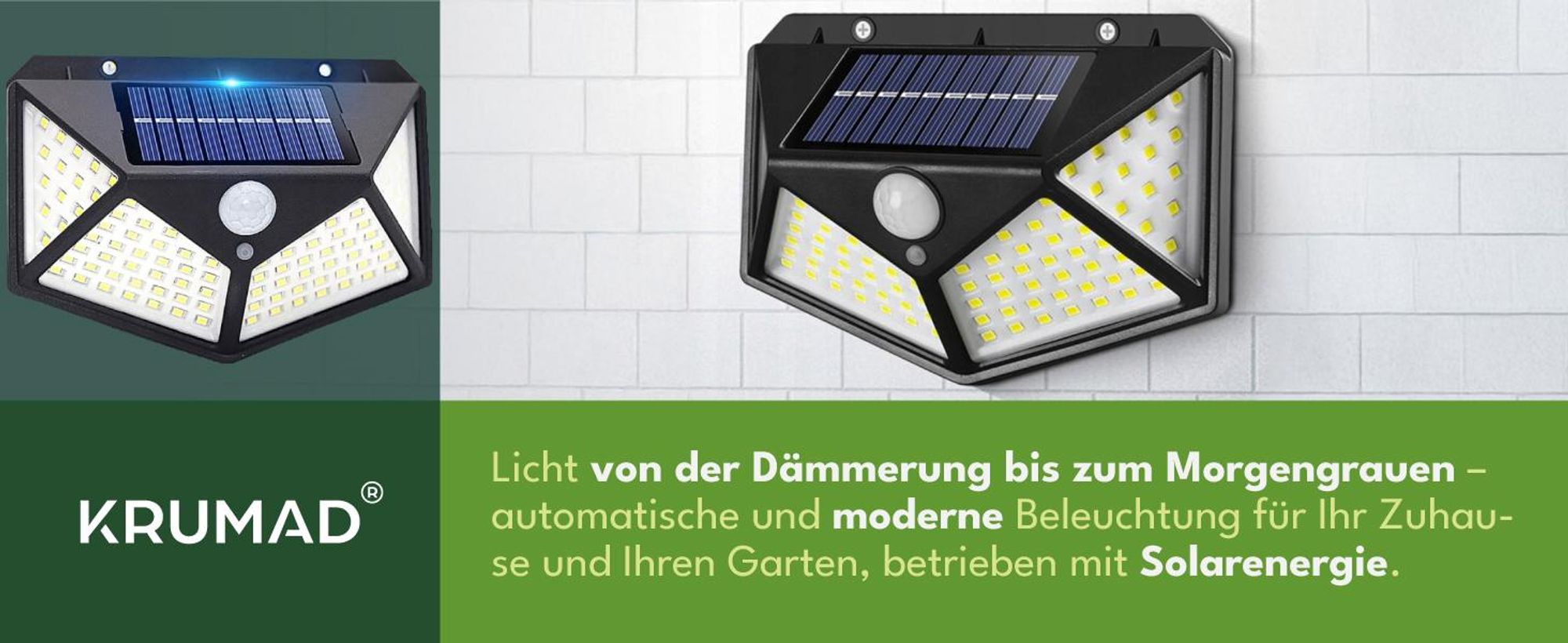 KRUMAD Solarleuchte Außen 100 COB 600 lm mit Bewegungsmelder & Dämmerungssensor, 3 Modi, IP65, 120° Abstrahlwinkel - für Garten, Terrasse, Wand