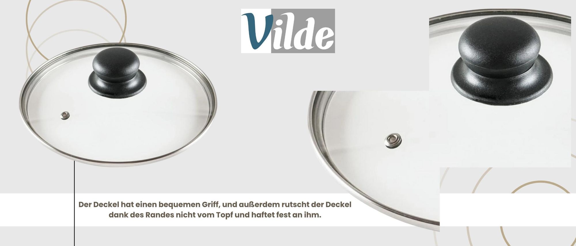 Vilde, Glasdeckel, Edelstahlring, Edelstahldeckel, Hitzebeständiges Glas, Universaldeckel, Dampfloch