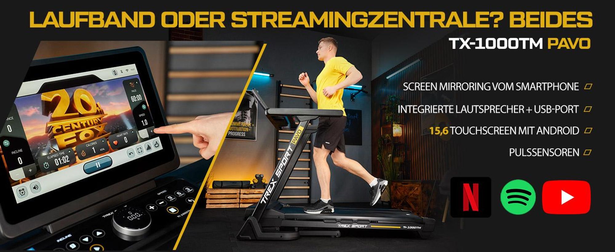TREX SPORT Laufband für zuhause klappbar elektrisch TX-1000TM PAVO | Treadmill mit LCD-Touchscreen, bis 16 km/h, 24 Programme, 130 kg Benutzergewicht