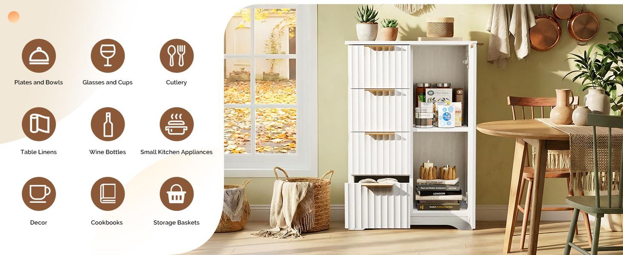 FCH Küchenschrank, Buffet Kommode mit 1 Türen und 4 Schubladen, für Wohnzimmer, Esszimmer und Küche, 53 x 29 x 82 cm, Weiß