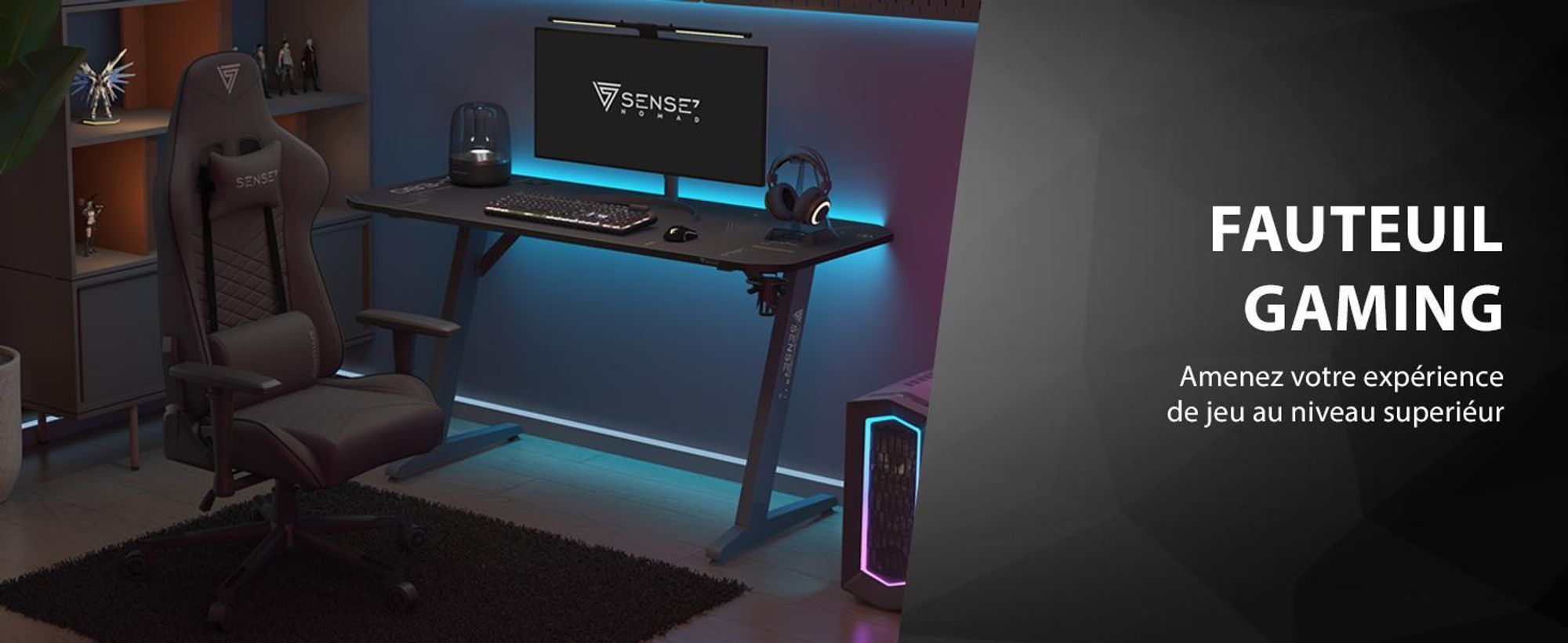 Fauteuil gaming SENSE7 Spellcaster en tissu noir et bleu - Fauteuil de bureau ergonomique, fauteuil de bureau pour PC, fauteuil gaming, charge maximale 150 kg, accoudoirs 2D, inclinaison à 160°, fauteuil de direction