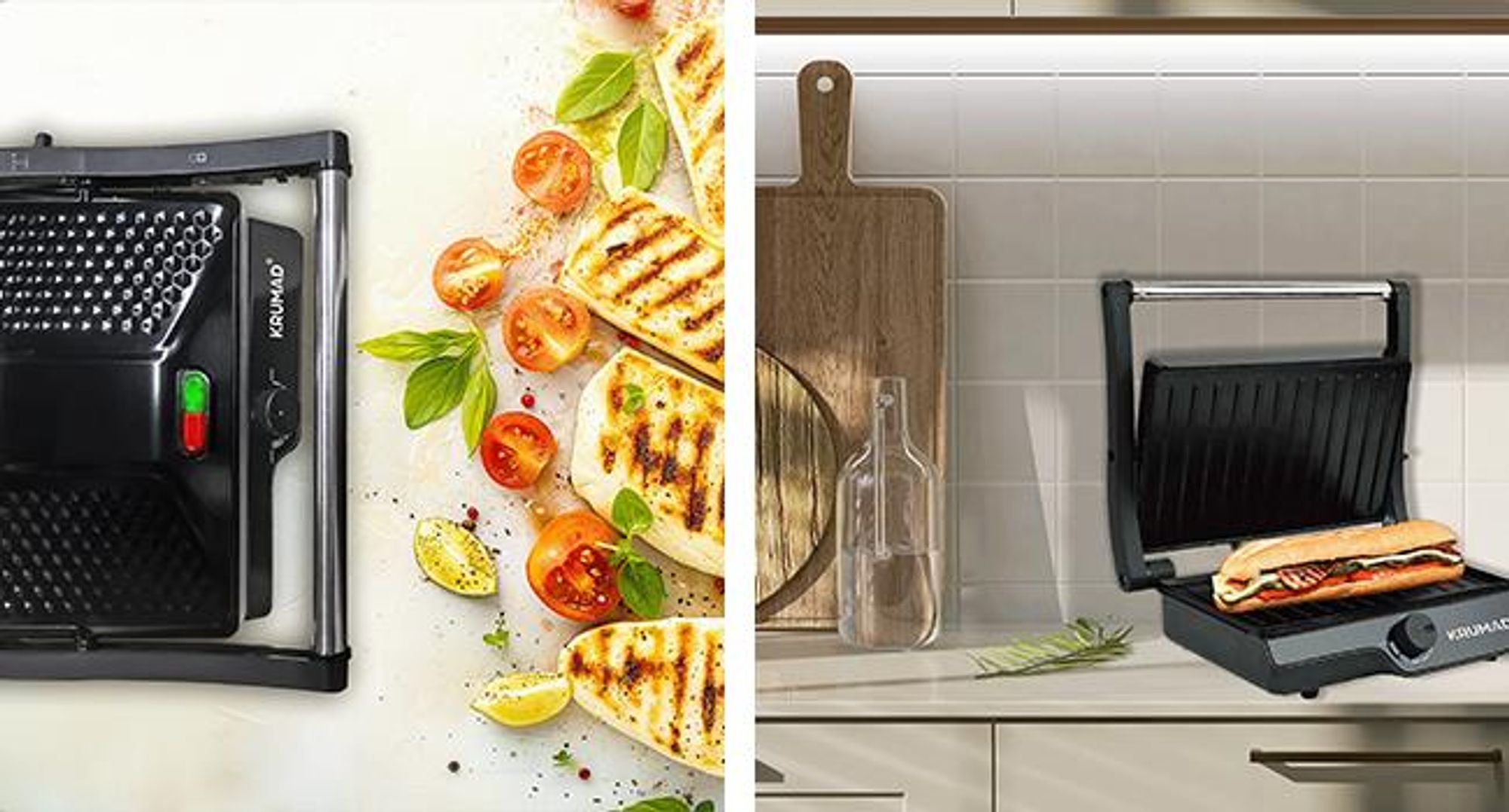KRUMAD Elektrogrill 2000W - Mini Kontaktgrill für 2 Sandwiches & Paninis - Antihaftbeschichtung, Kompakt, Schnelle Erwärmung, Ideal für Zuhause & Büro