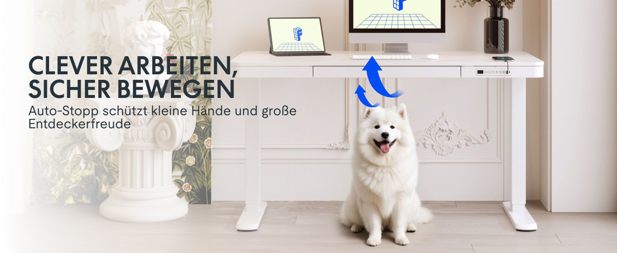 FLEXISPOT Q3 Höhenverstellbarer Schreibtisch Elektrisch mit Schublade, USB-C, 4 Speicherplätzen, Antikollisionsschutz, LED-Display 120x60cm (Weiß)