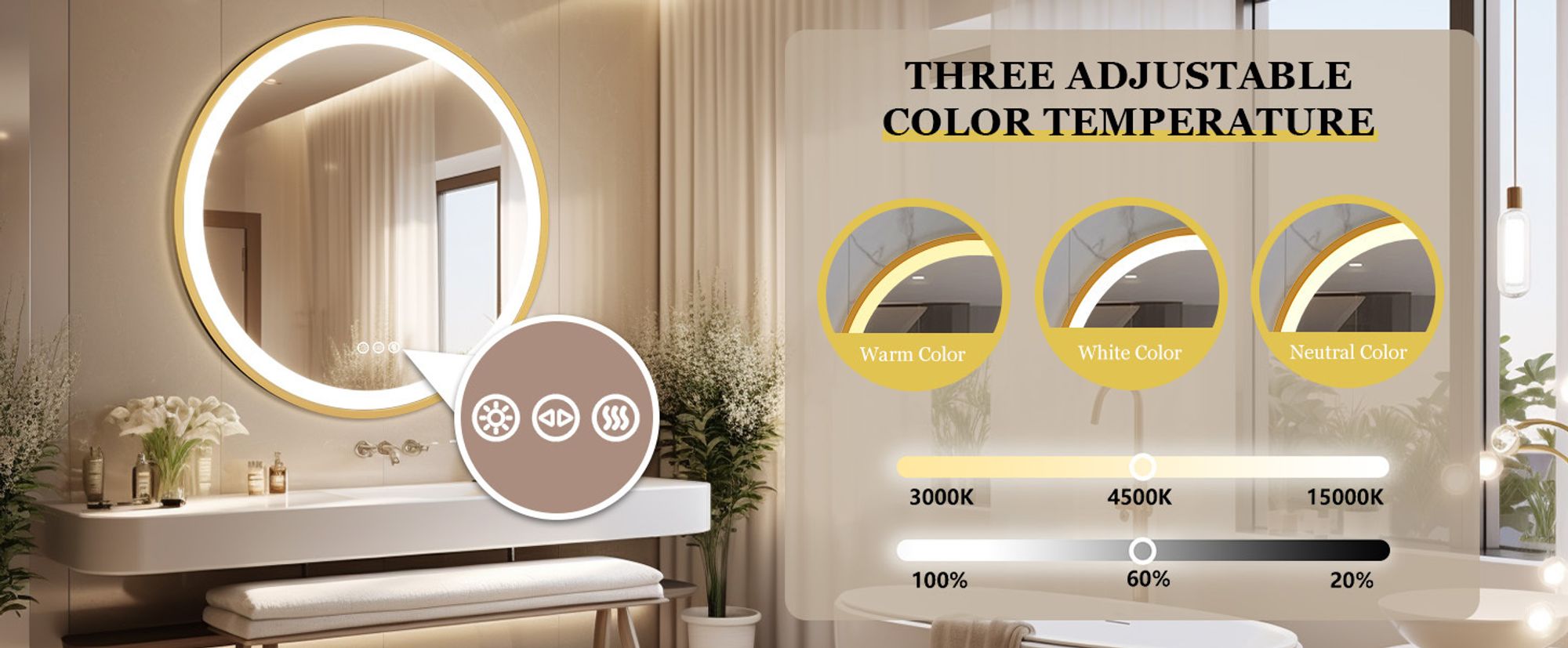WISFOR LED Badspiegel mit goldenem Aluminiumrahmen 80x80cm, rund Wandspiegel mit Touch Schalter, Anti-Fog dimmbar 3 Lichtfarben, IP44 Energiesparend