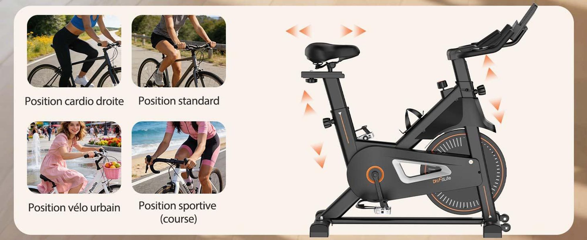 DH FitLife Vélo d’appartement ergomètre magnétique, silencieux, capteur de pouls, compatible avec apps, moniteur et nouveau guidon