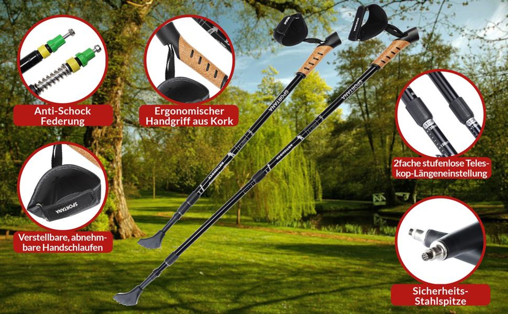 SPORTANA® Wanderstöcke Teleskop Aufsätze Gummipuffer Nordic Walking Stöcke Verstellbar 68-135cm Dämpfung Leicht Alu Kork Herren Damen Trekkingstöcke