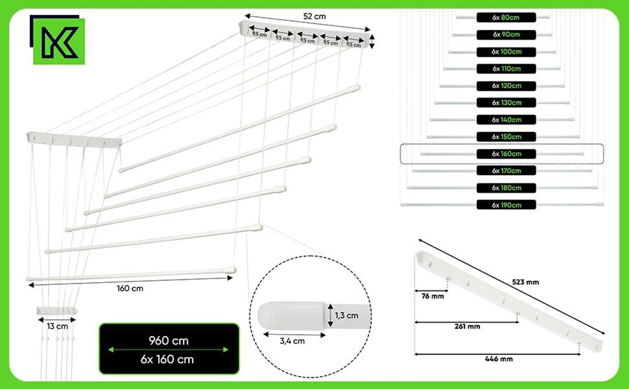 KADAX Deckenwäschetrockner "Torp", Deckentrockner Traglast 12kg, 6 Stäbe, 160 cm, weiß