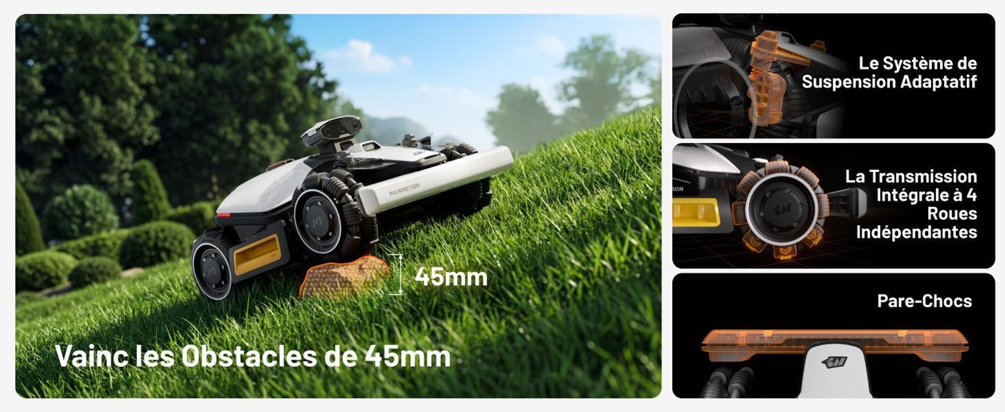 Tondeuse robot Mammotion LUBA Mini 2 AWD 1000 sans fil périphérique, jusqu'à 1000m², triple caméra IA + NetRTK, tonte des bordures, DropMow, pente 80%