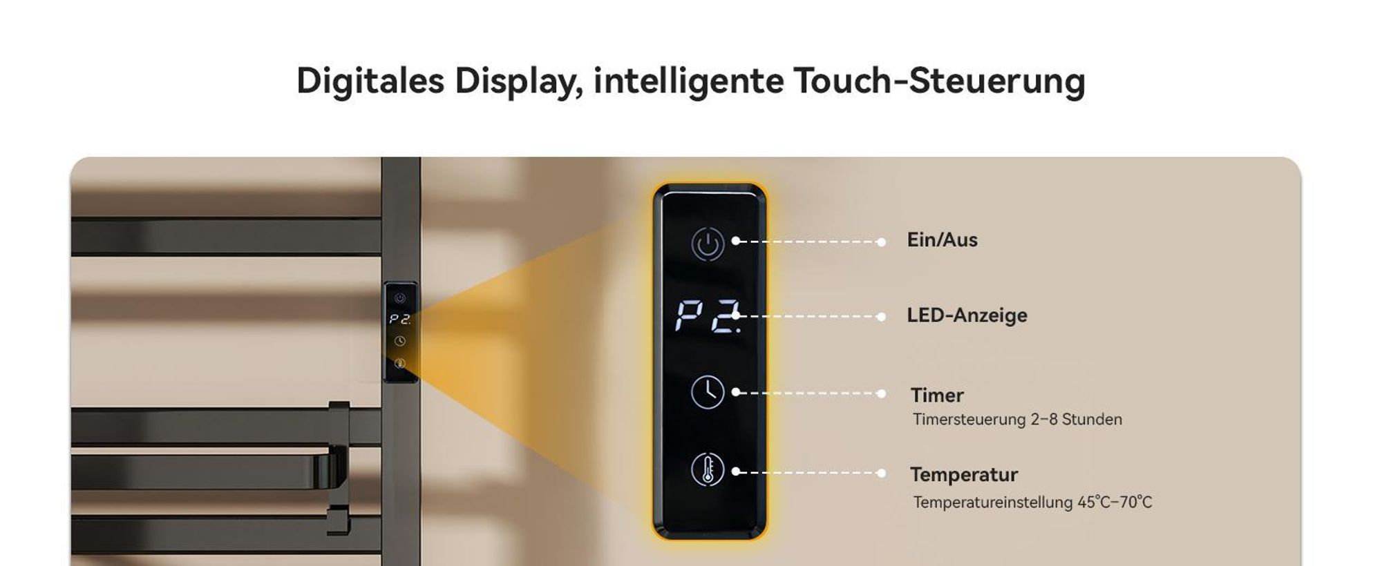 Puluomis Heizkörper Elektrischer Handtuchwärmer mit LED-Touchdisplay, 45-70°C einstellbar, Timer, 90° drehbares Ablagefach, RCCB Schutz schwarz