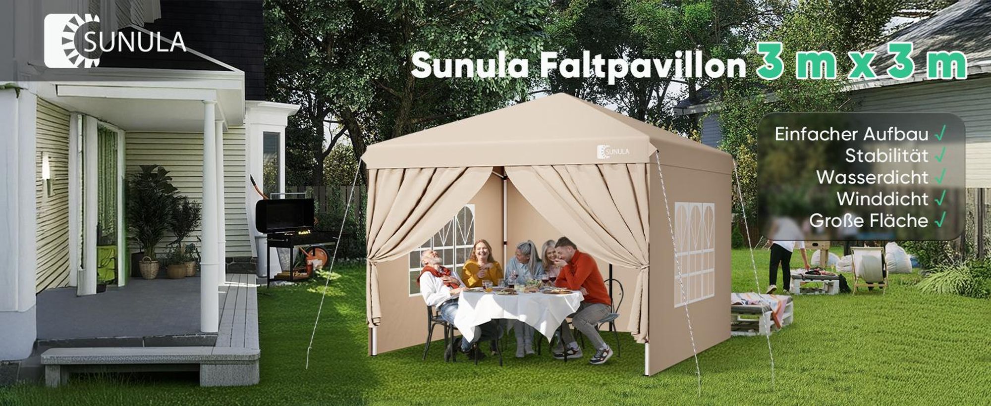 Sunula Faltpavillon 3x3 Gartenpavillon mit 4 seitenteilen wasserdicht, Taupe