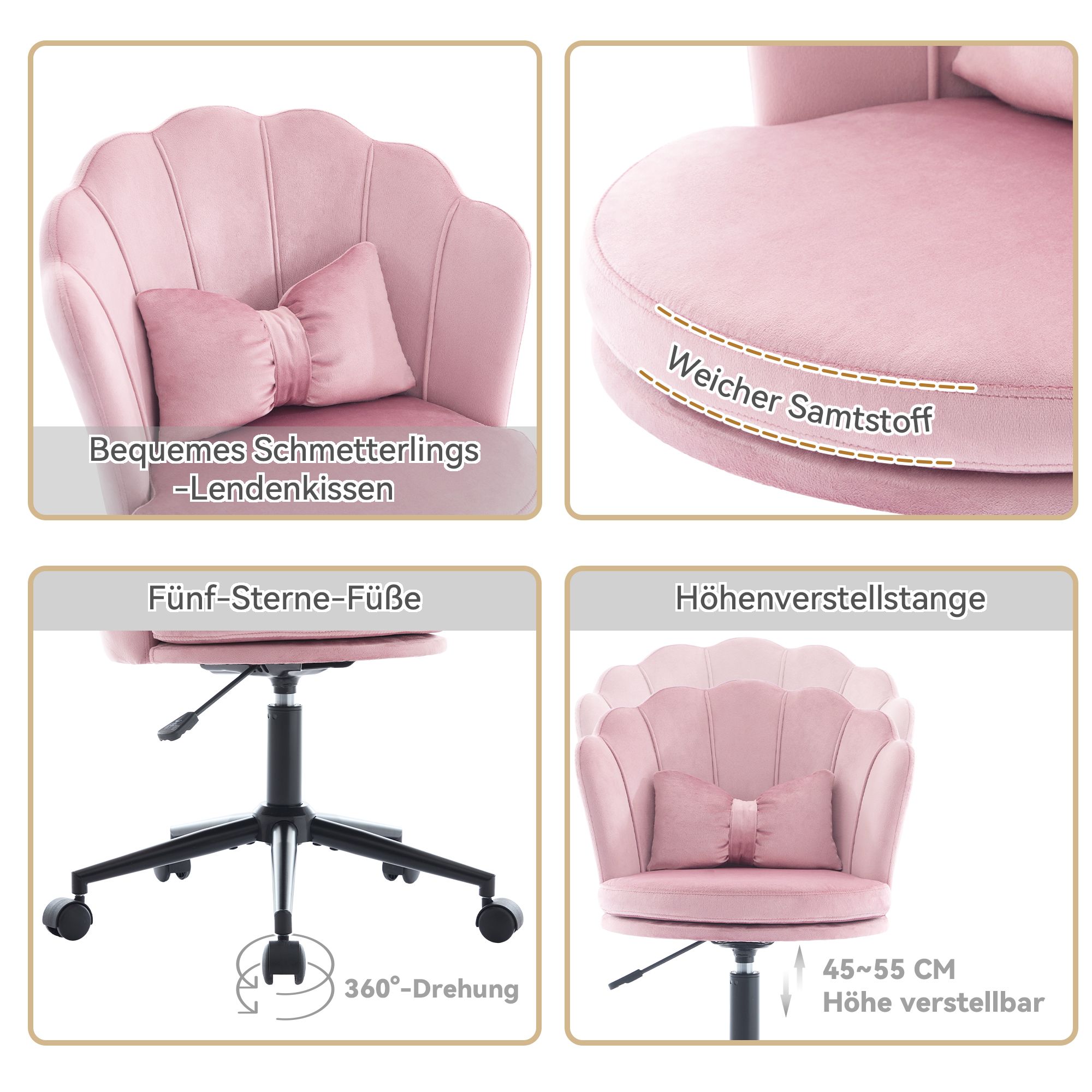 Flieks Bürostuhl ergonomisch, Stuhl drehbar Schminktisch, Schminkstuhl ohne Armlehne, Schreibtischstuh mit Blütenblatt-Rückenlehne, Rosa