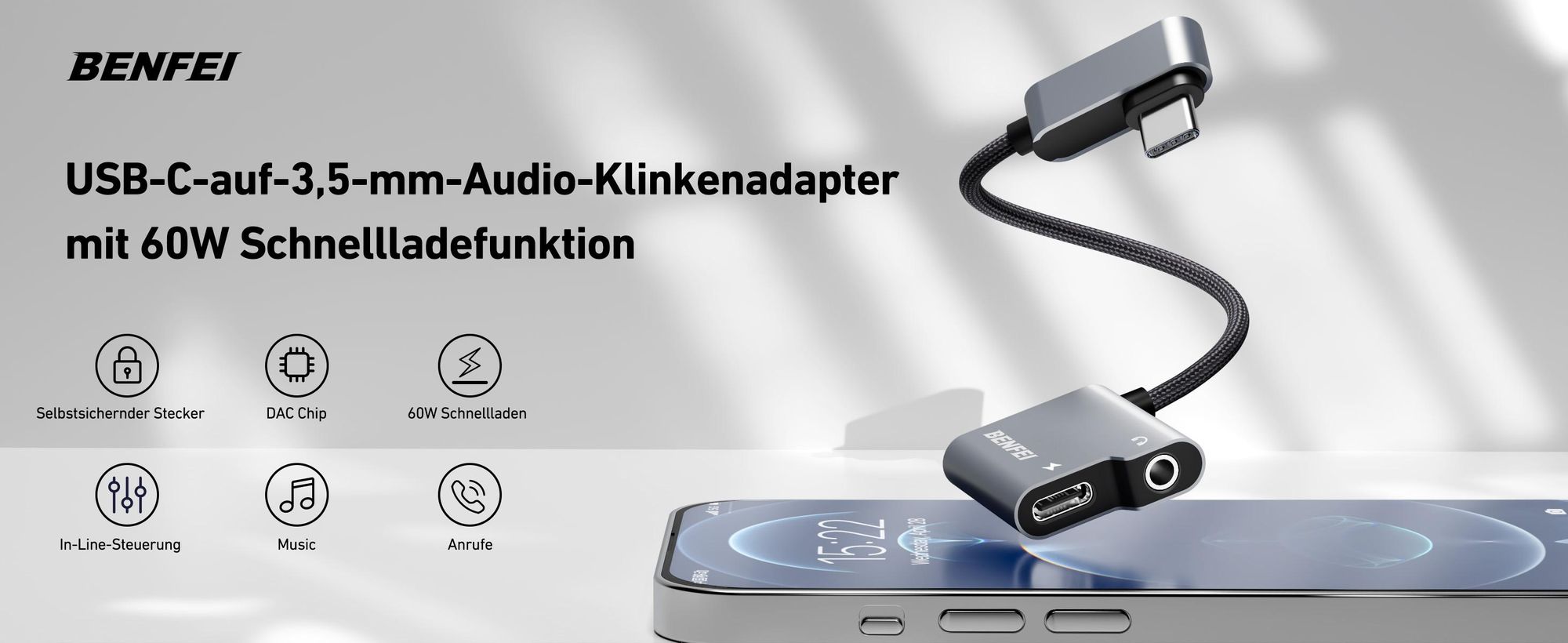BENFEI Kabeladapter USB C auf Audio Adapter mit 60W PD und DAC