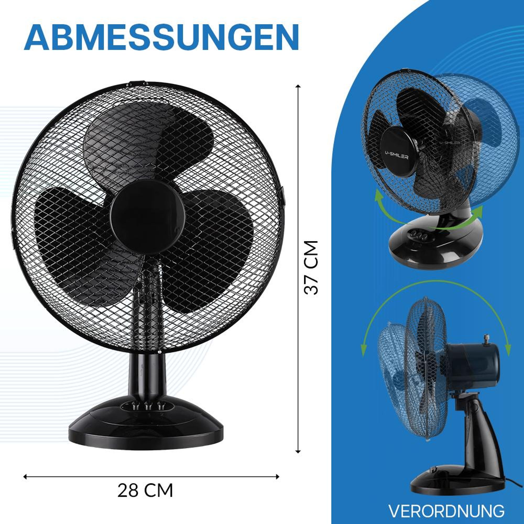 U-SMILER Tischventilator Leise & Kraftvoll Ø 28 cm, 20W, 2 Stufen, Oszillierend, Höhenverstellbar, Kompakter Ventilator für Büro & Schlafzimmer, Strom