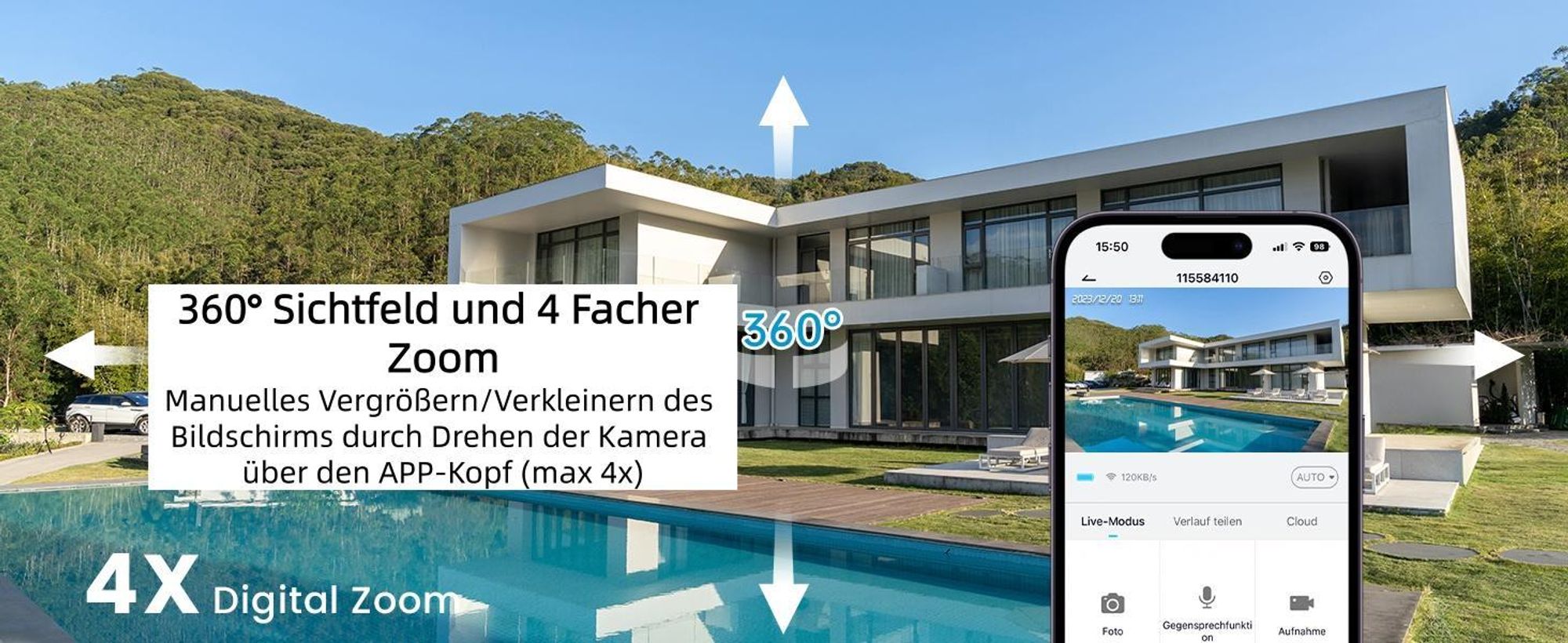ieGeek 2K Überwachungskamera Aussen Akku, 360°PTZ Kamera Überwachung Aussen Solar, Außenkamera mit Nachtsicht Farb, PIR , 2 Wege Audio, 2 Stk