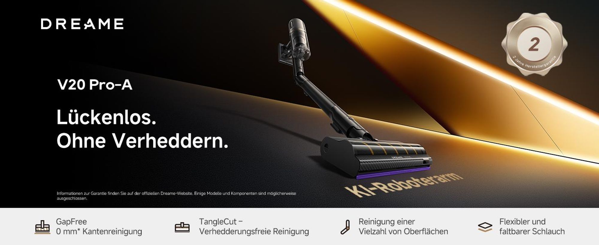 Dreame V20 Pro-A Kabelloser Stabstaubsauger,0 Kantenreinigung Handstaubsauger,Reinigung von Hartböden und Teppichen,210 AW, 90 Min,99,99% Filterung