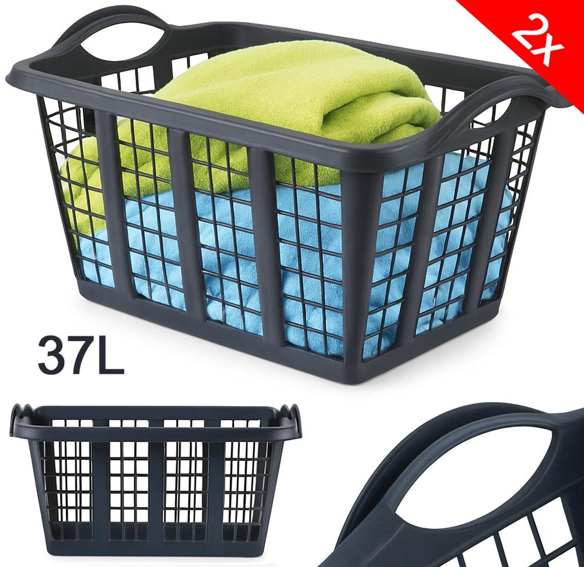 2x Wäschekorb 37L aus stabilem Kunststoff – 60x40x30 cm – leicht, robust & belüftet – mit Griffen, ohne Deckel, Farbe Schwarz