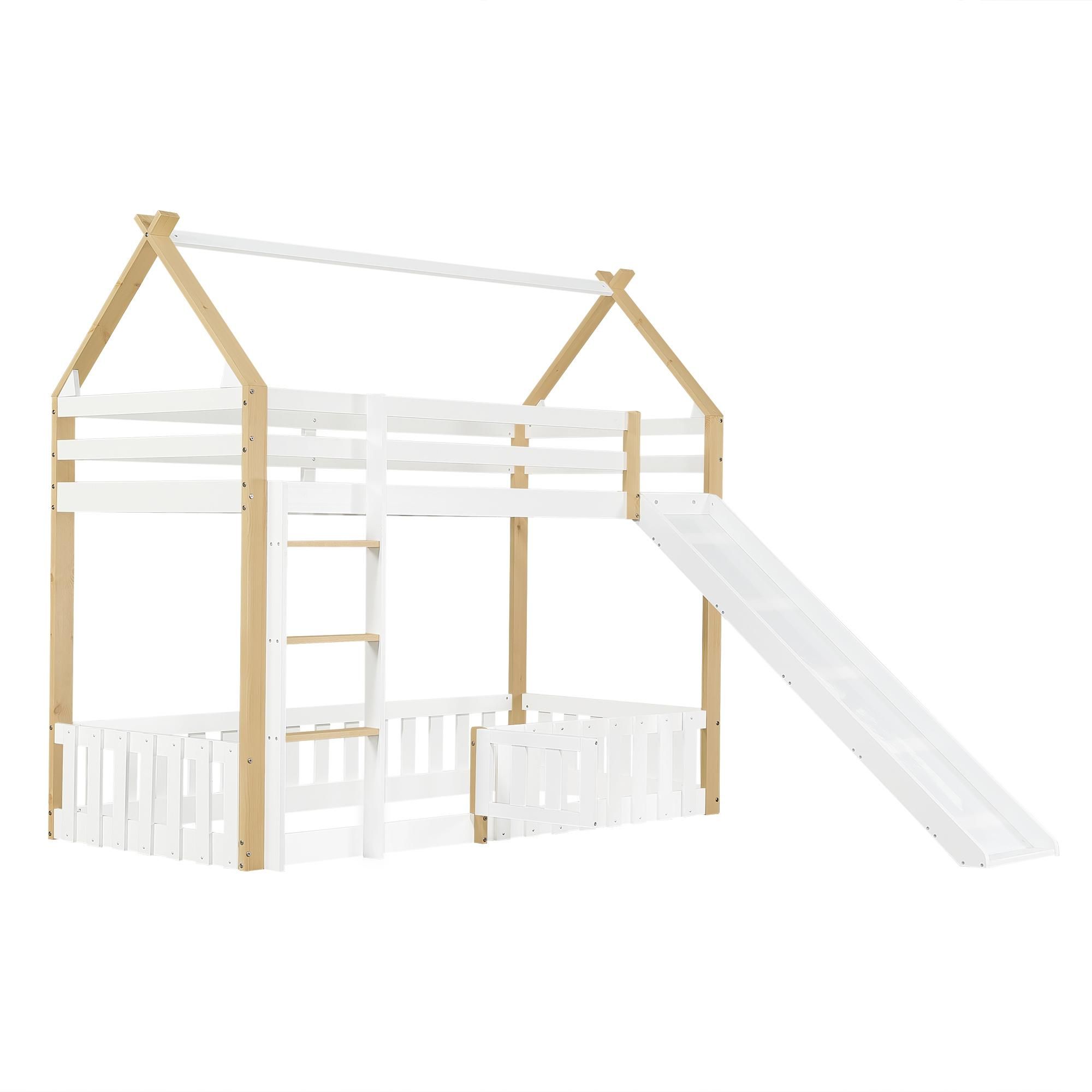 Flieks Etagenbett 90x200cm mit Rutsche, Kinderbett Hausbett mit Tür, Hochbett Einzelbett mit Rausfallschutz und Lattenrost, Stockbett Naturbelassen