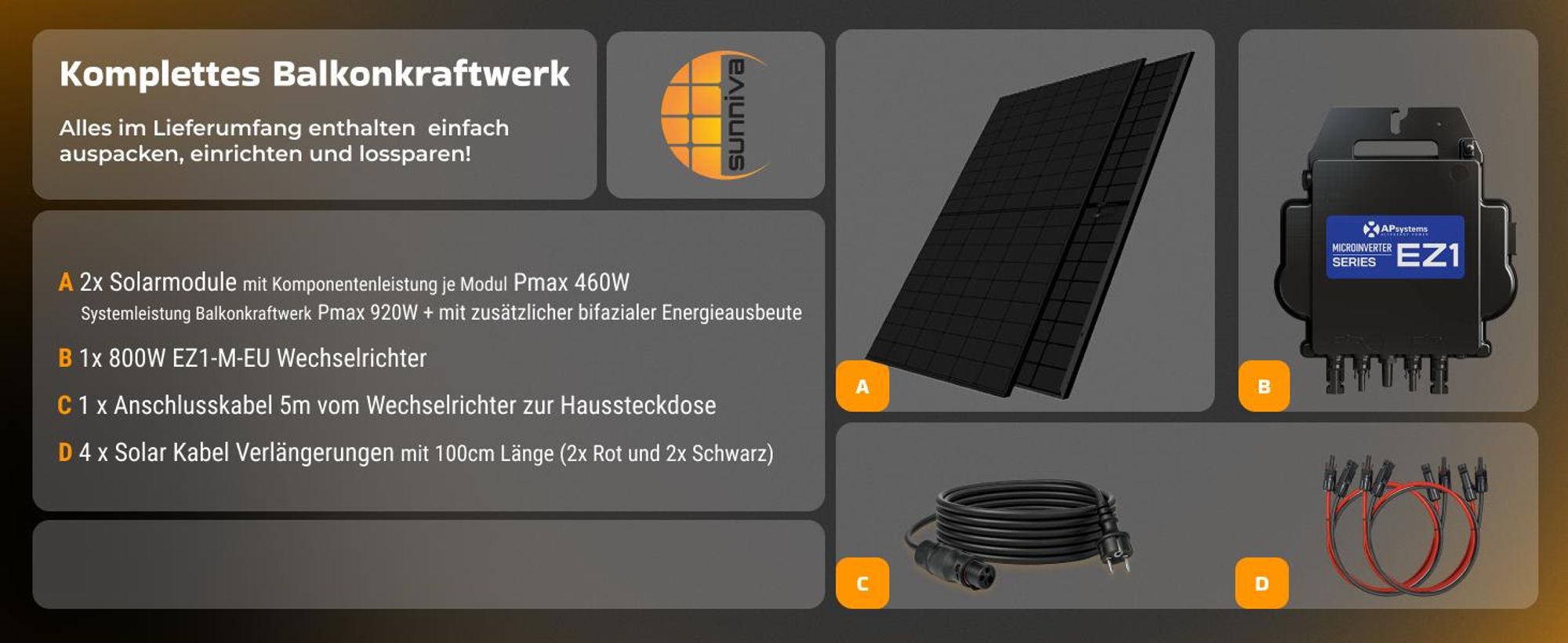 SUNNIVA 920W Balkonkraftwerk BIFAZIAL FULLBLACK komplett Steckdose AP Systems EZ1-M 800W Wechselrichter, Solaranlage 2x460W Glas Solarmodule,5m Kabel
