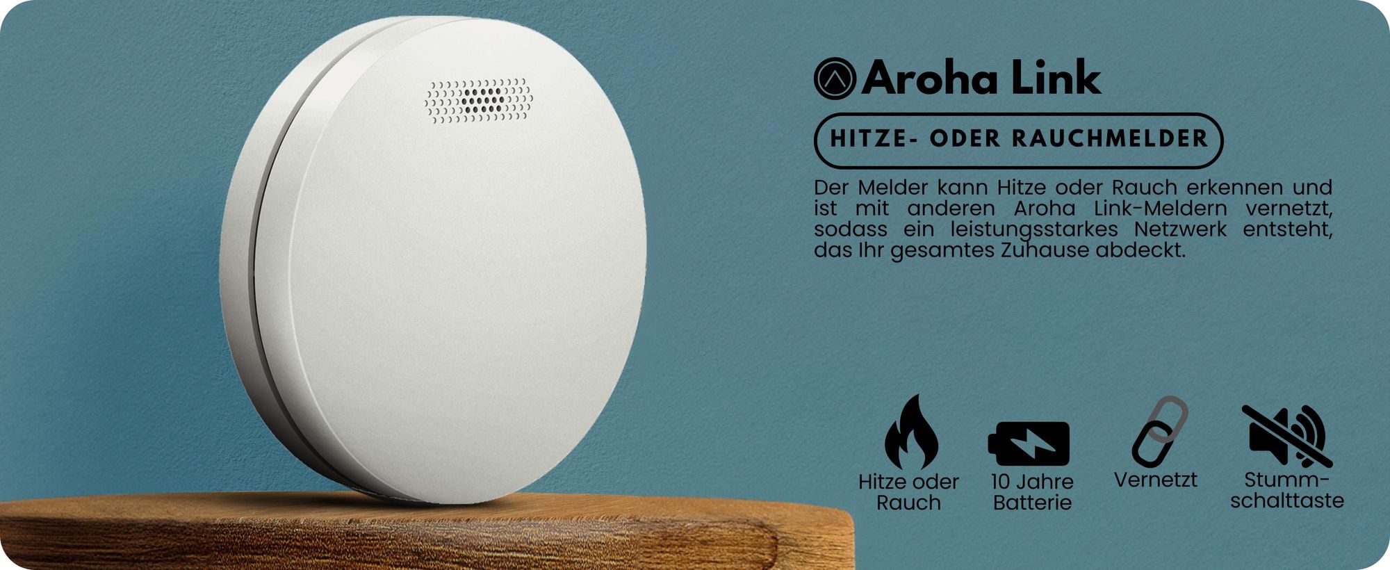 Aroha Link Hitzemelder/Rauchmelder Vernetzt - 10 Jahre Batterie - Feuer/Hitzemelder Vernetzbar - 3 set