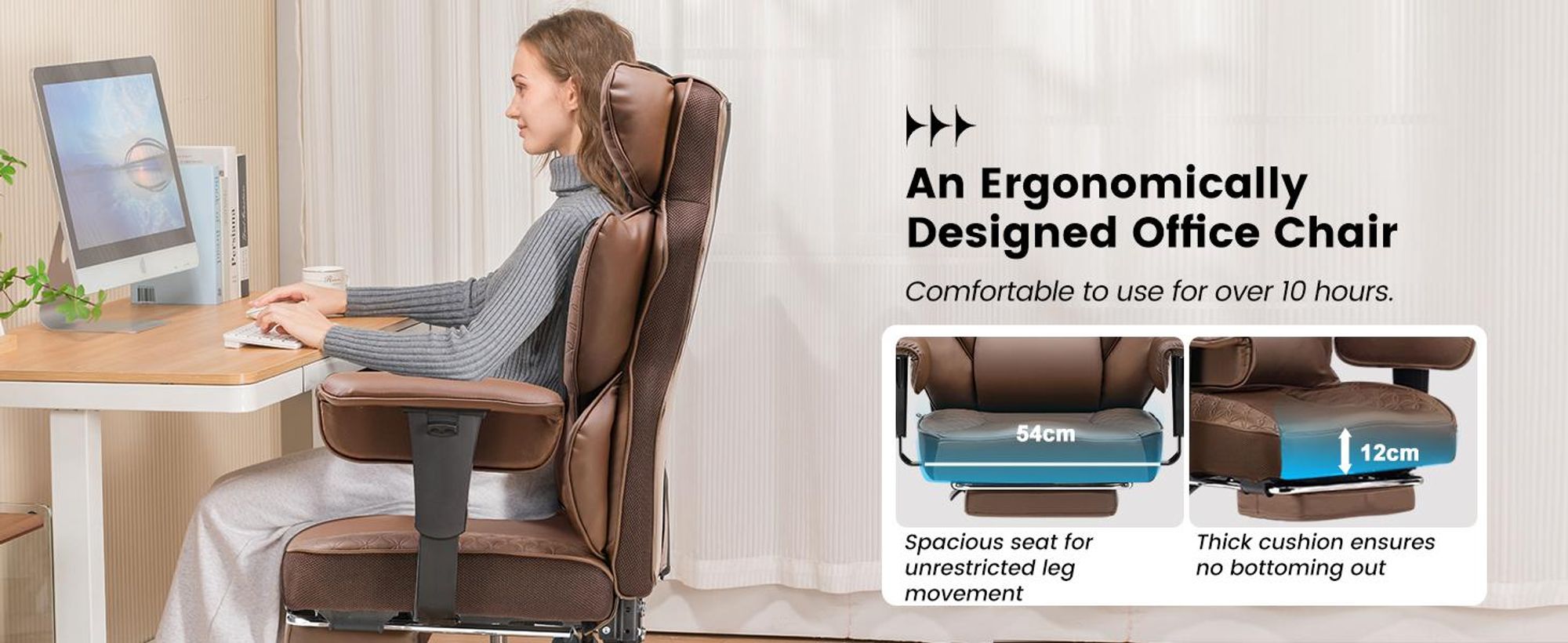 COMHOMA Chaise de jeu, chaise de bureau ergonomique, chaise de bureau avec accoudoirs réglables, soutien lombaire à ressorts ensachés 150 kg, marron