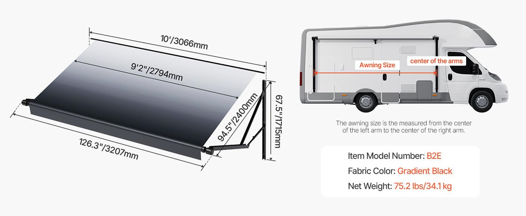 VEVOR Motorisierte Wohnmobil-Markise Komplettset, 10' einziehbare Markise mit Aluminiumlegierungsrahmen, Outdoor-Anhänger-Markise, passend für die meisten Wohnmobile (Schwarz verblasst), 10 ft