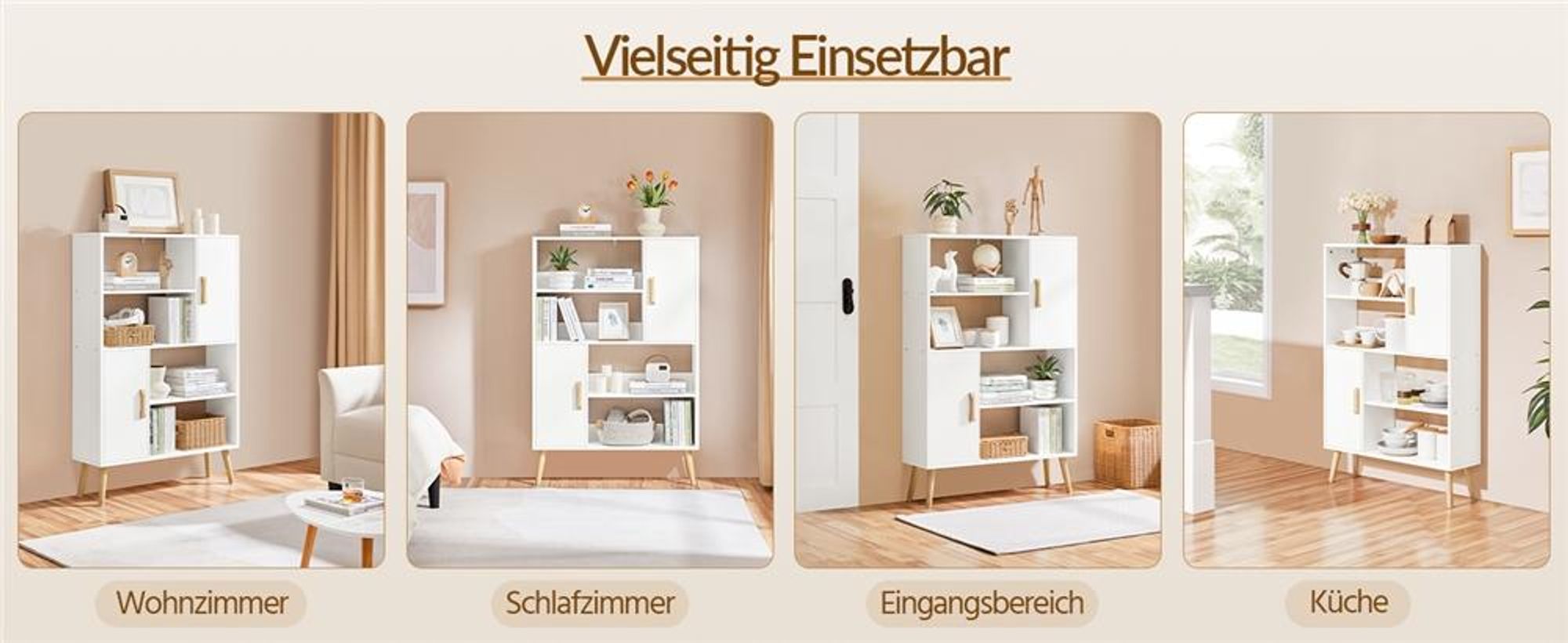 Yaheetech Bücherregal aus Holz, Bücherschrank mit 2 Türen & 4 offenen Regalen, schmaler Standregal Aufbewahrungregal, 80 × 23 × 120 cm, Weiß
