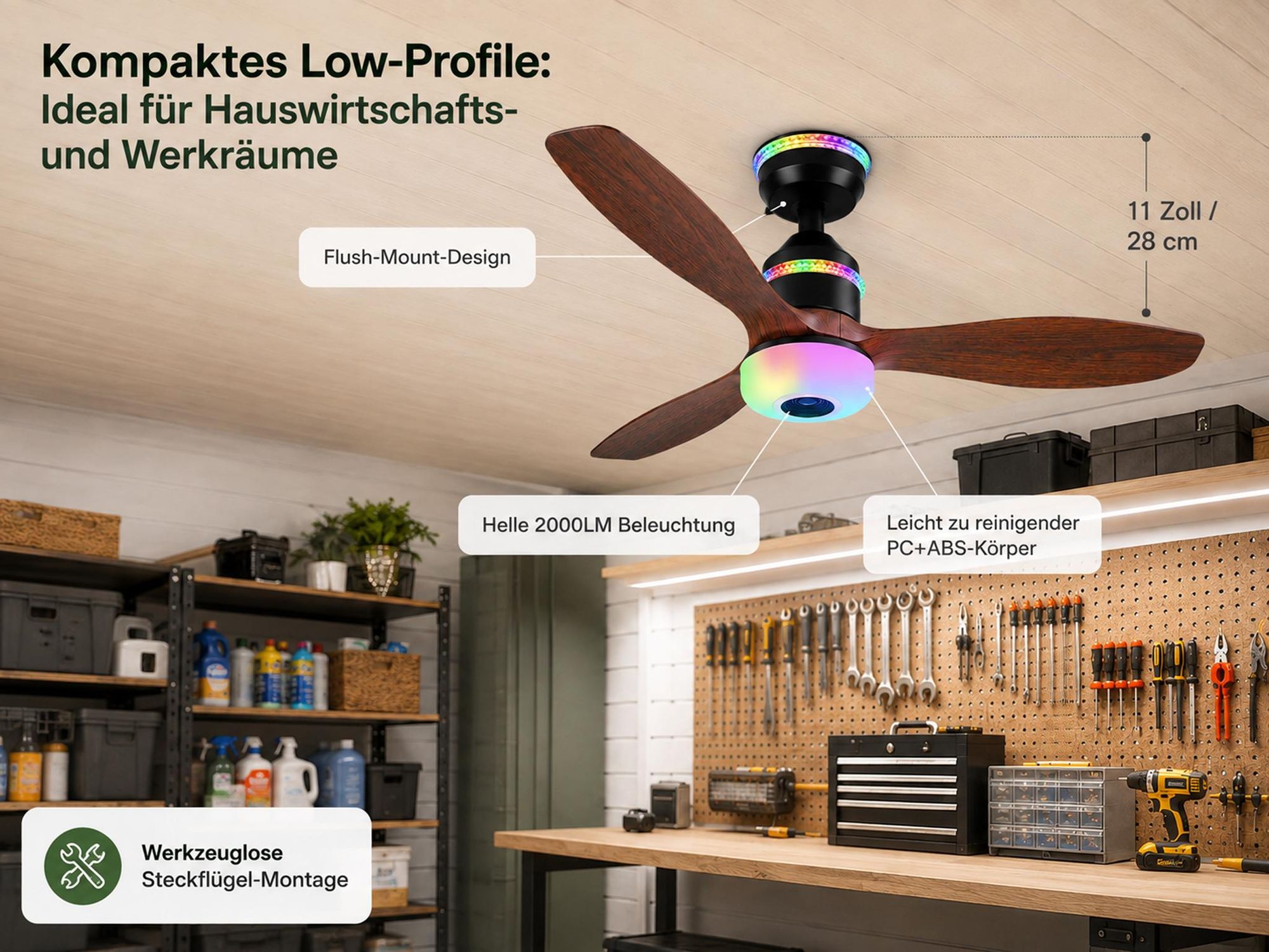 48W 60CM Deckenventilator mit Beleuchtung, LED Deckenleuchte mit Ventilator, 3 Windstufen, 3 Modi, Musik, Leise Lampe mit Ventilator Schlafzimmer