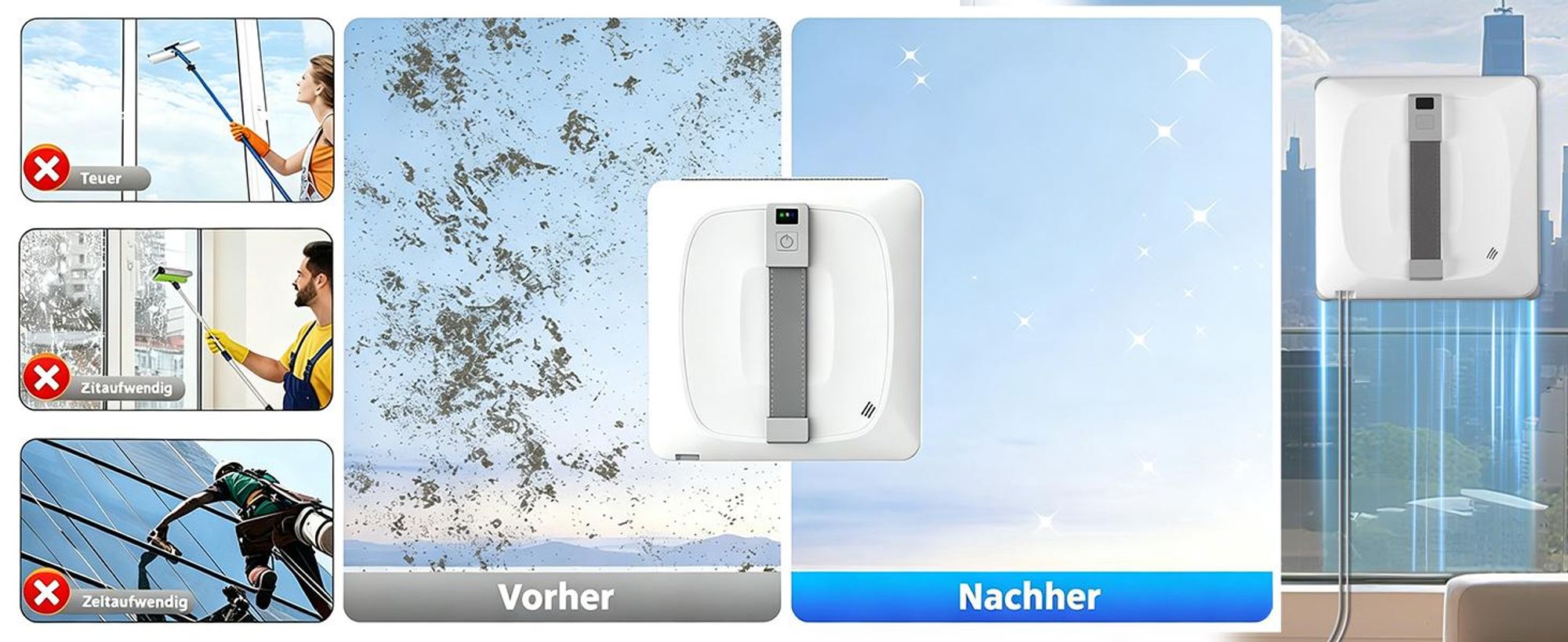 INSE Fensterputzroboter 8000 Pa, automatischer Fensterreiniger mit Wassertank, 4 Sprühdüsen, Lasersensoren, App für Fenster Glas Dusche