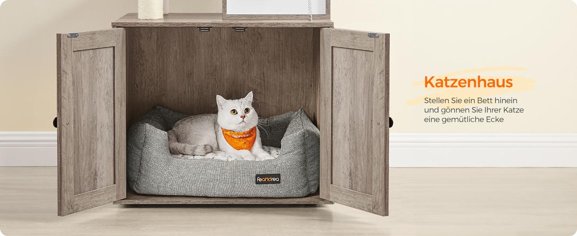Feandrea Kratzbaum, mit Katzenklo-Schrank, 185cm, Kratzsäule, waschbares Kissen, Greige