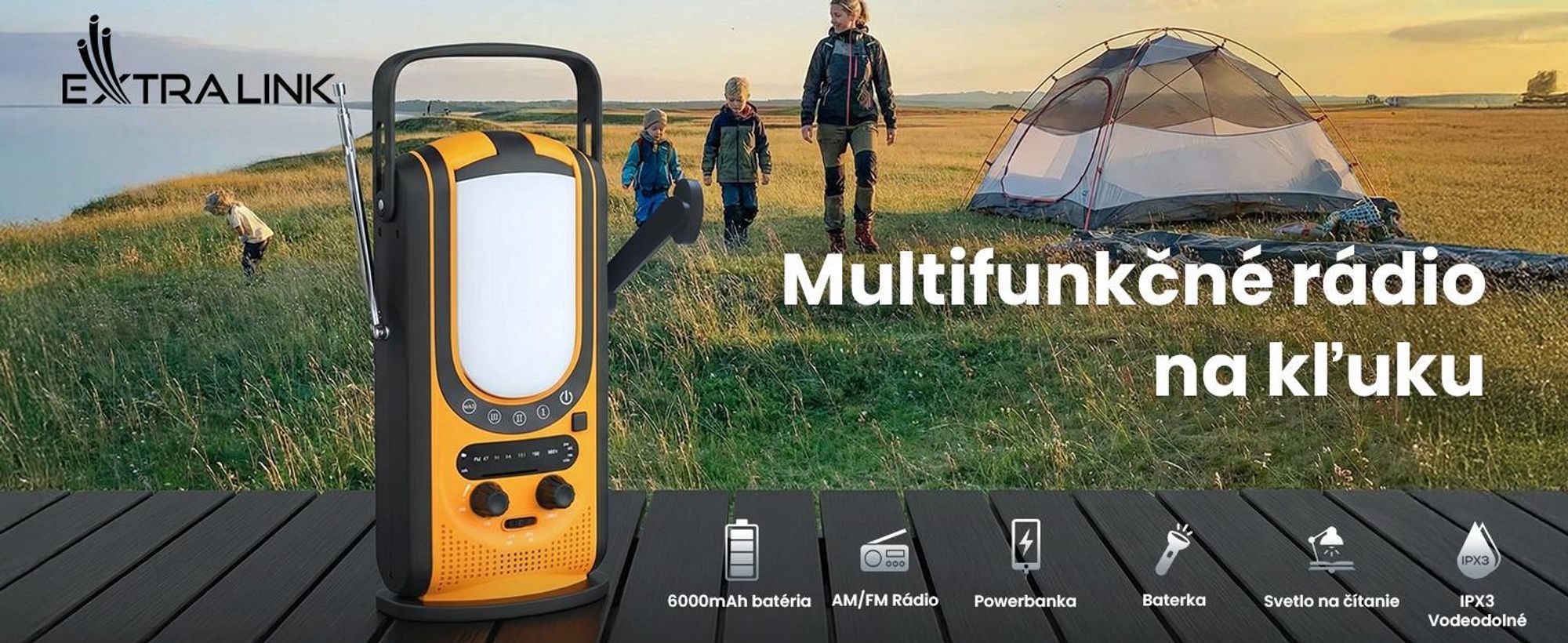 Extralink núdzové rádio AM/FM, solárne a ručné, powerbank 6000 mAh, USB-C, SOS
