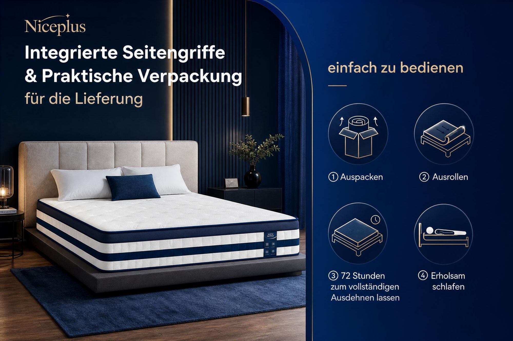 Niceplus Matratze 140x200 26cm Integrierter Topper 7 Zonen Taschenfederkern H4 + 2. Kopfkissen gratis nur bei Mitbestellung im selnkorb