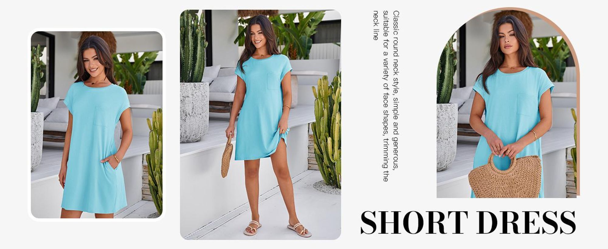 Sommerliches Damen-T-Shirt-Kleid, kurze Ärmel, Rundhalsausschnitt, mit Taschen