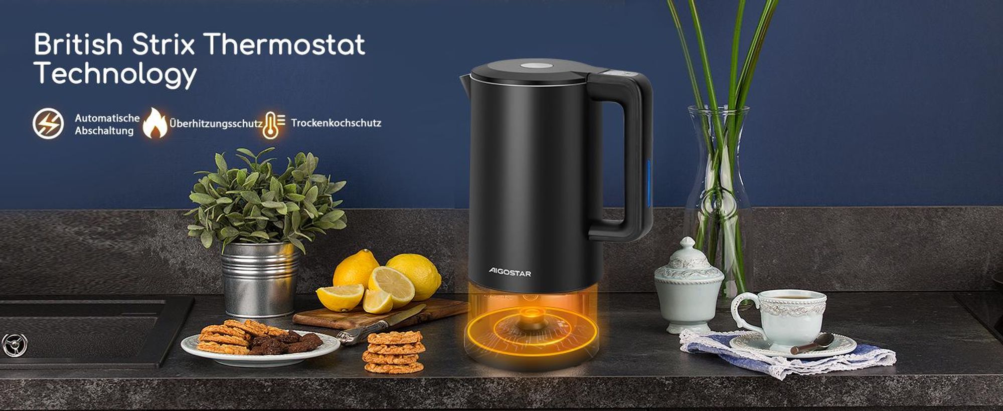 Aigostar Smart Glas-Wasserkocher 1,7L: WLAN & Alexa, 40°C-100°C Temperaturwahl, Innen 100% Edelstahl (Plastikfrei), Strix-Kontrolle, Schwarz