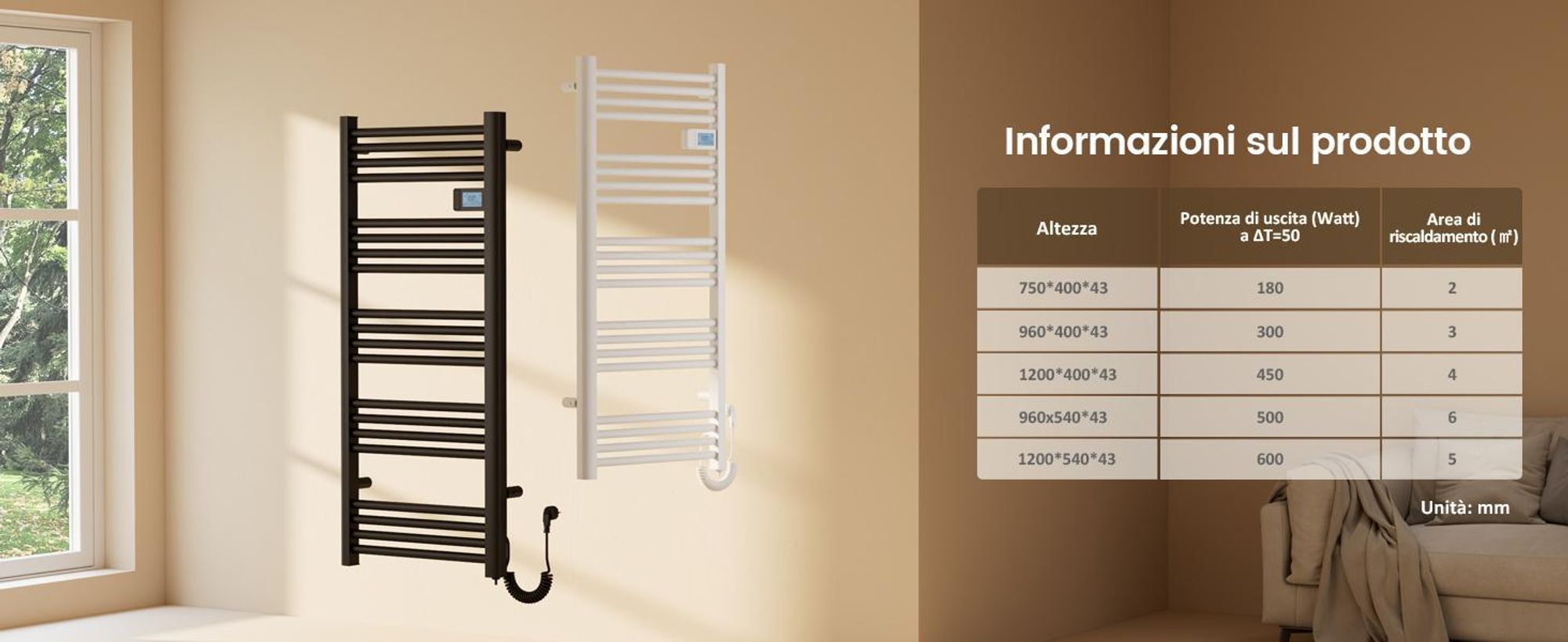 EMKE Scaldasalviette elettrico 1200x540 mm, 600W nero con timer touch e programma settimanale, termoarredo bagno