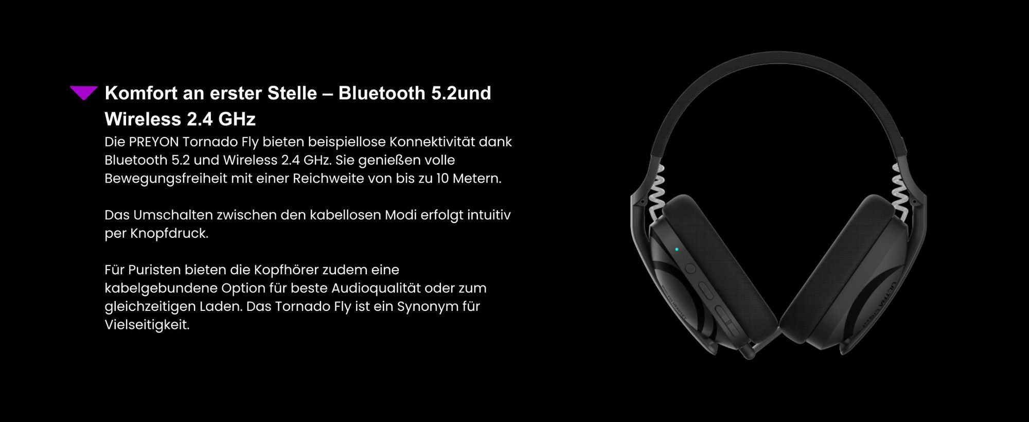 PREYON Tornado Fly | Over Ear Headphones | Gaming-Kopfhörer PTF40B, Bluetooth 5.2, Wireless 2.4 GHz, ENC Noise Canceling, Surround 7.1, Schwarz