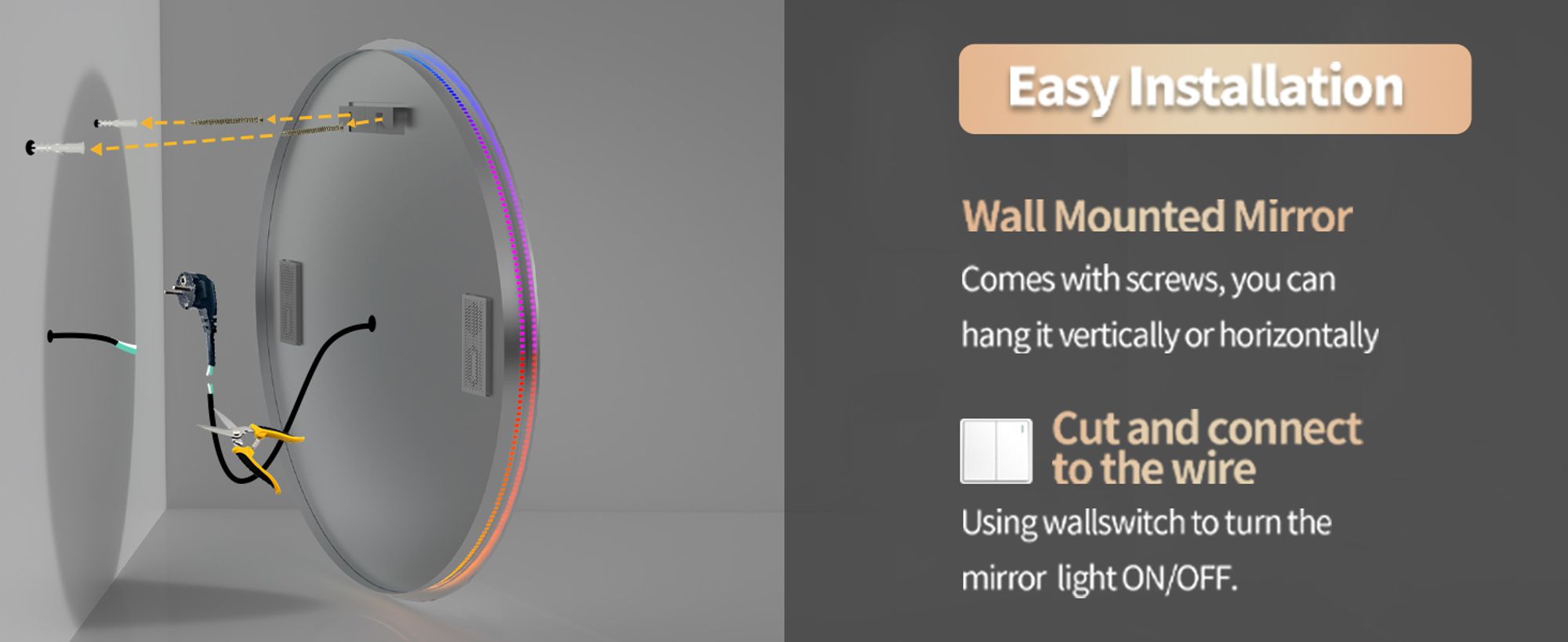 WISFOR LED Badspiegel Rund mit Bluetooth Lautsprecher, 80cm RGB Wandspiegel Badezimmerspiegel mit Beleuchtung dimmbar Beschlagfrei Touchschalter